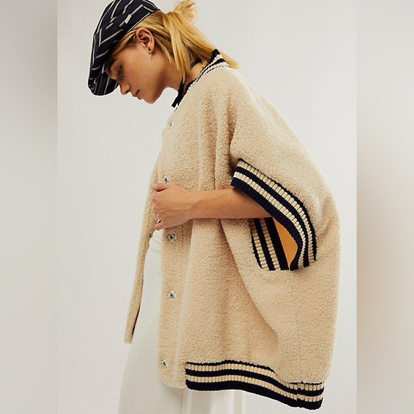 Free People Jackets & Blazers - FREE PEOPLE Pep Rally Teddy Poncho Jacket Oversized Fur Sherpa Sleeveless Cream